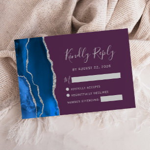 Cartão RSVP Casamento de Ágata Prata Azul Real Ameixa