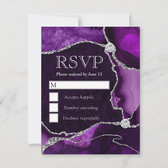 Cartão RSVP Casamento de Ágata Roxa e Prata (Frente)