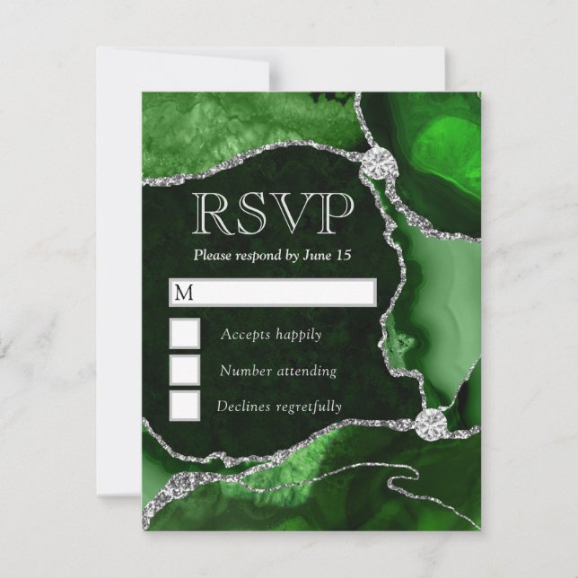 Cartão RSVP Casamento de Ágata Verde e Prata (Frente)