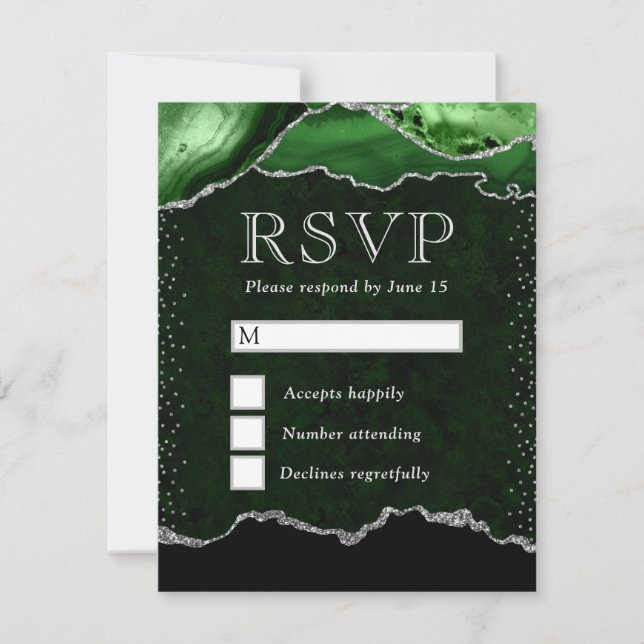 Cartão RSVP Casamento de Ágata Verde e Prata (Frente)