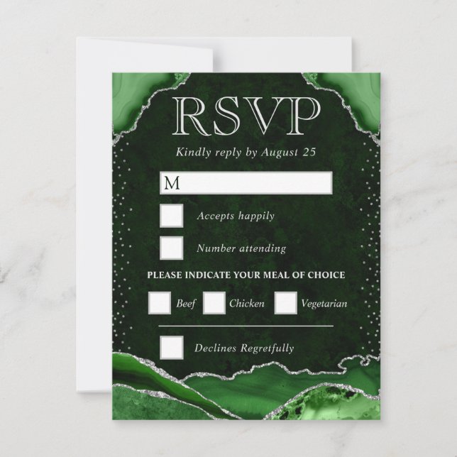 Cartão RSVP Casamento de Agitação Elegante Verde e Silver (Frente)