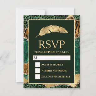 Cartão RSVP Casamento de Agitação Verde Dourada Jungle Safari