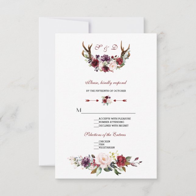 Cartão RSVP Casamento de Anéis Florais com Blush Burgundy (Frente)