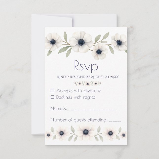 Cartão RSVP Casamento de Anêmona Azul com Marinho de Marfim (Frente)