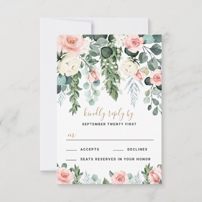 Cartão RSVP Casamento de Aquarela de Rosa Floral Rosa-Rosa-Blu (Frente)