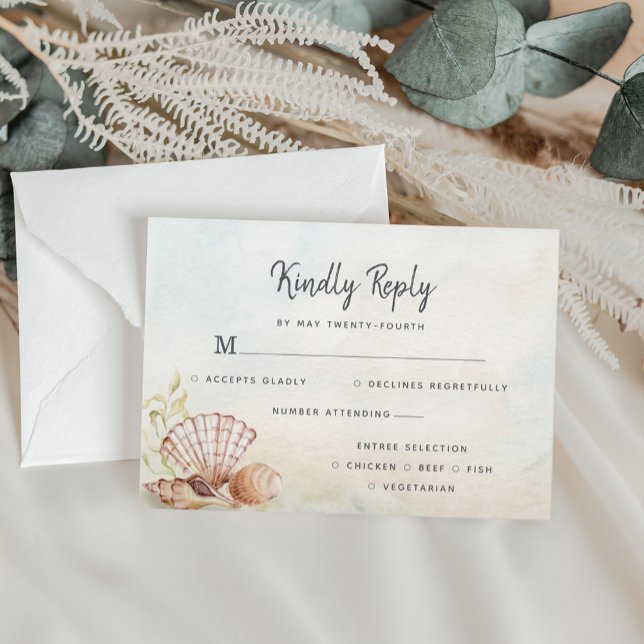 Cartão RSVP Casamento de Aquarela de Seashells Tropical de Pra (Criador carregado)