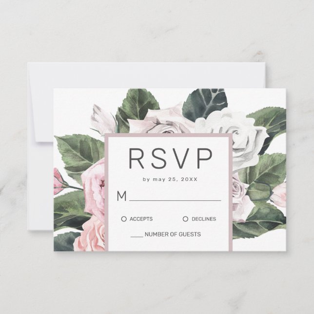 Cartão RSVP Casamento De Aquarela Floral Com Rosa De Mauve Ros (Frente)