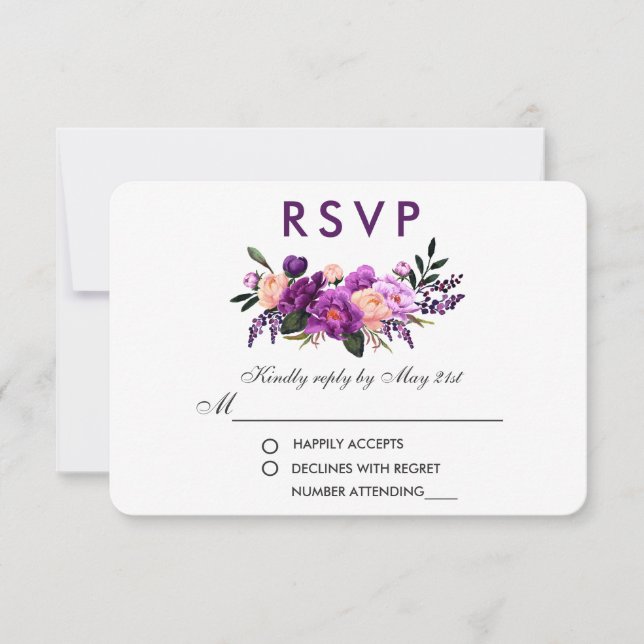 Cartão RSVP Casamento de Aquarela Floral Puro Ultra Violet PS (Frente)