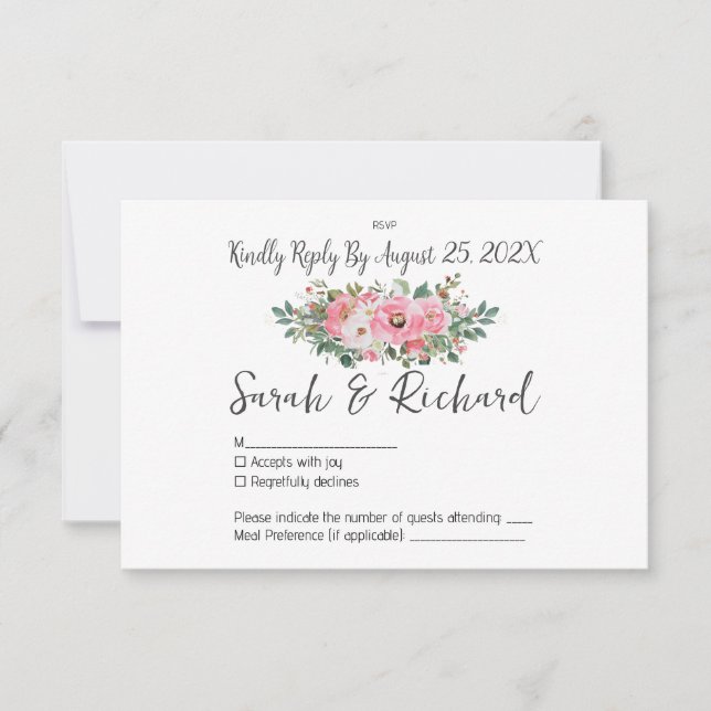 Cartão RSVP Casamento de Aquarela Floral Rosa-Rosa-primavera (Frente)