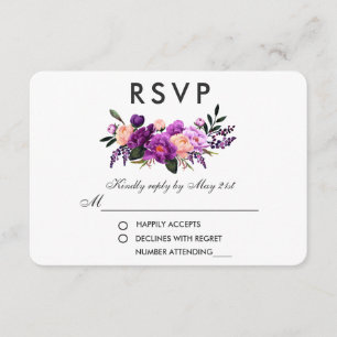 Cartão RSVP Casamento de Aquarela Floral Roxo Ultra Violet P