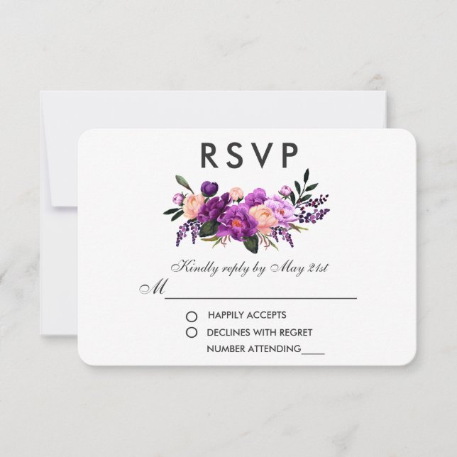 Cartão RSVP Casamento de Aquarela Floral Roxo Ultra Violeta V (Frente)