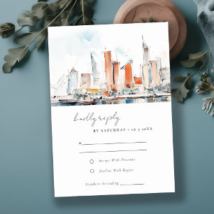 Cartão RSVP Casamento de Aquarela Mínimo em Miami Flórida Skyl