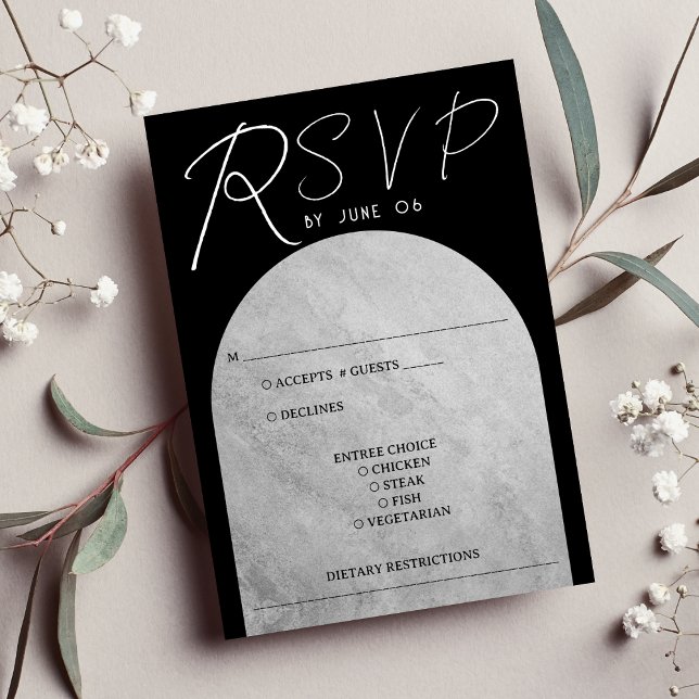 Cartão RSVP Casamento de Arco Gótico Negro e Cinza (Black & Grey Dark Gothic Headstone Arch Wedding RSVP Card)