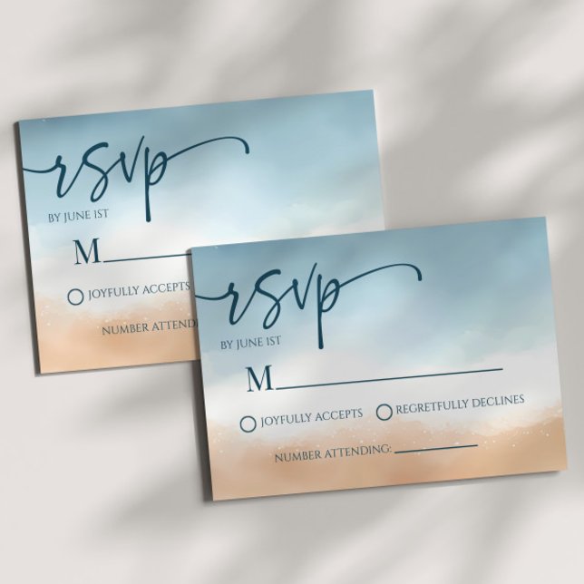 Cartão RSVP Casamento de Areia de Praia do Oceano Azul (Criador carregado)