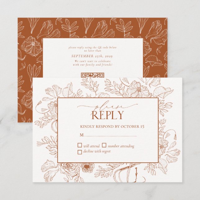 Cartão RSVP Casamento de Arte da Linha Floral Laranja Queimada (Frente/Verso)