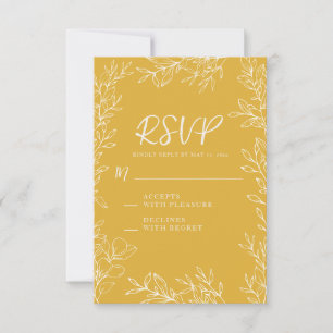 Cartão RSVP Casamento de Arte de Linha Botânica Amarela Dourad