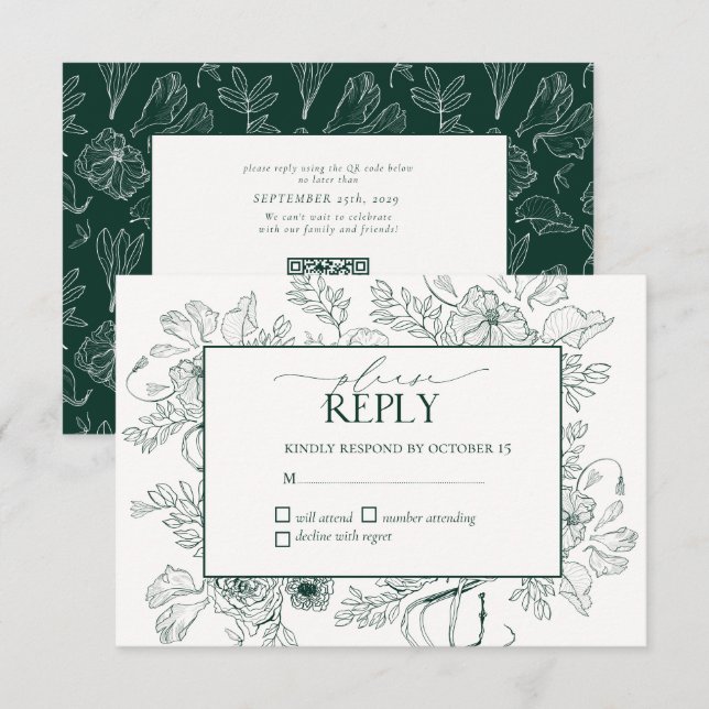 Cartão RSVP Casamento de Arte em Linha Floral Elegante Emerald (Frente/Verso)