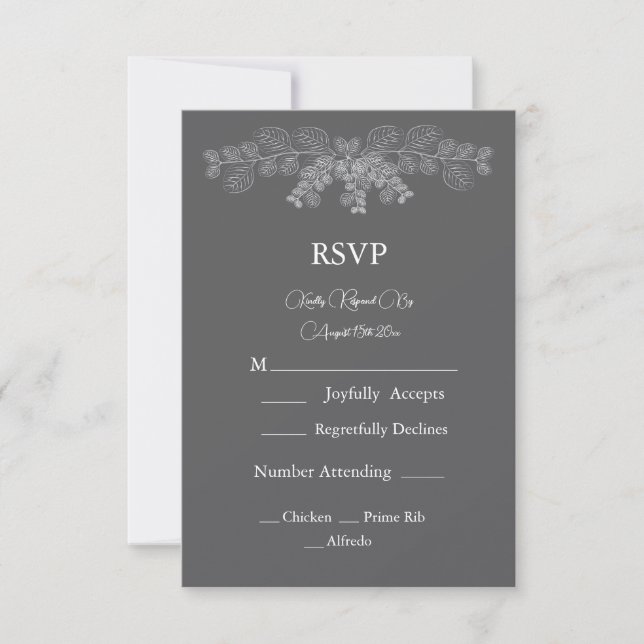 Cartão RSVP Casamento de Arte Simples em Linha Eucalyptus Cinz (Frente)