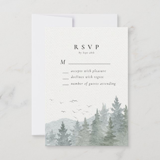 Cartão RSVP Casamento de Árvore Verde da Montanha Rustic Water (Frente)