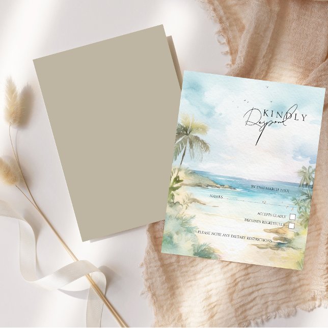Cartão RSVP Casamento de Árvores de Palma de Praia Tropical de (Watercolor Tropical Beach Palm Trees Wedding RSVP Card)