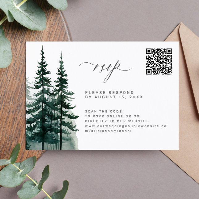 Cartão RSVP Casamento de árvores de pinheiros com código QR (Criador carregado)