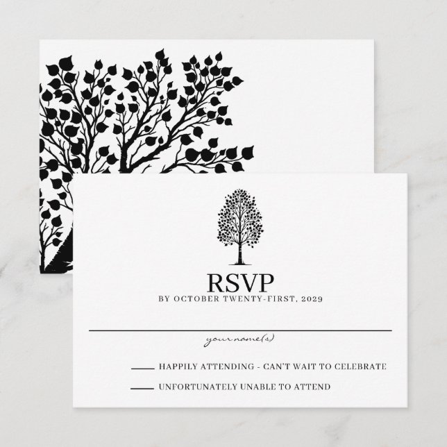 Cartão RSVP Casamento de Aspen Preto e Branco (Frente/Verso)