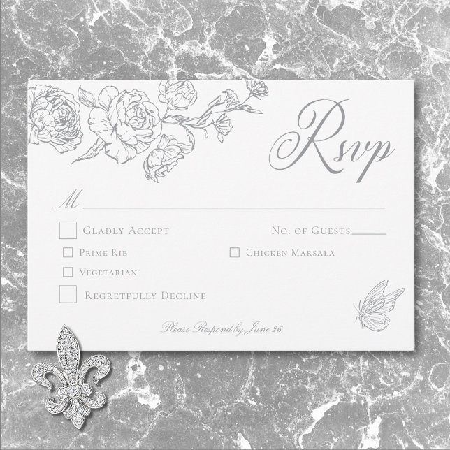Cartão RSVP Casamento de aves de capoeira e de repouso da Cinz (Elegant Gray Chinoiserie Bird & Crest Wedding RSVP Card)