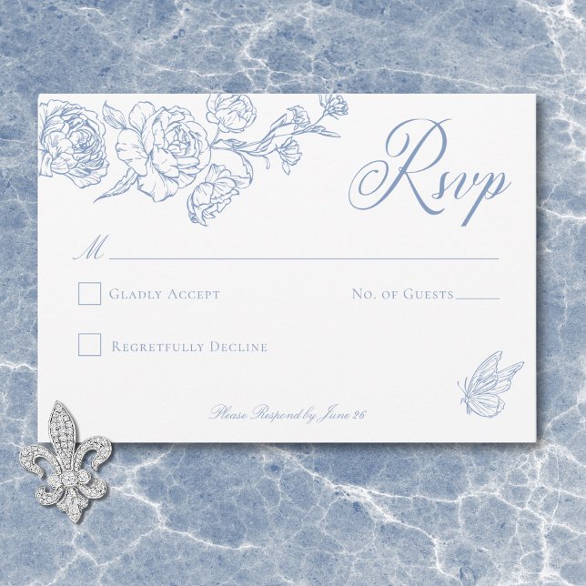 Cartão RSVP Casamento de aves e crest de Chinoiserie Azul Eleg (Elegant Blue Chinoiserie Bird & Crest Wedding No Dinner RSVP Card)
