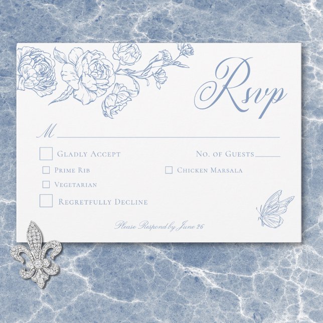 Cartão RSVP Casamento de aves e crest de Chinoiserie Azul Eleg (Elegant Blue Chinoiserie Bird & Crest Wedding Dinner RSVP Card)