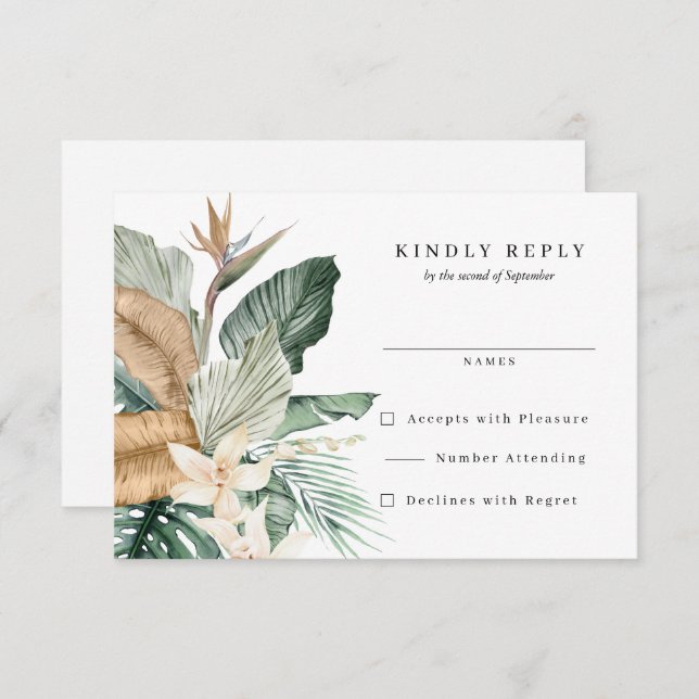 Cartão RSVP Casamento de Aves Tropicais da Flora do Paraíso (Frente/Verso)