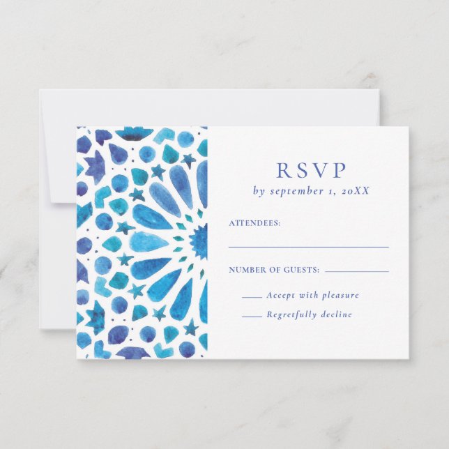 Cartão RSVP Casamento de Azulejo Azul do Mediterrâneo (Frente)