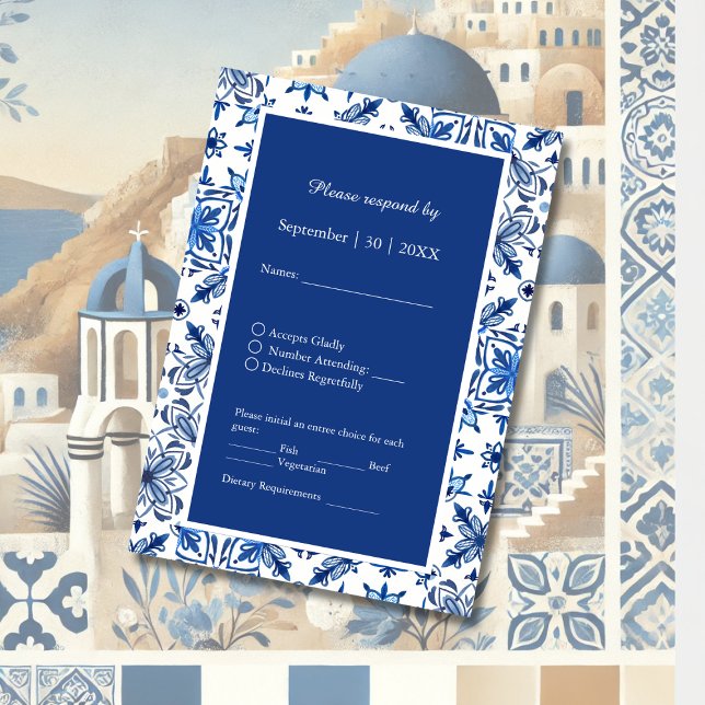 Cartão RSVP Casamento de Azulejo Azul do Mediterrâneo (Criador carregado)