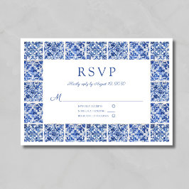 Cartão RSVP Casamento de Azulejos Azuis Elegante