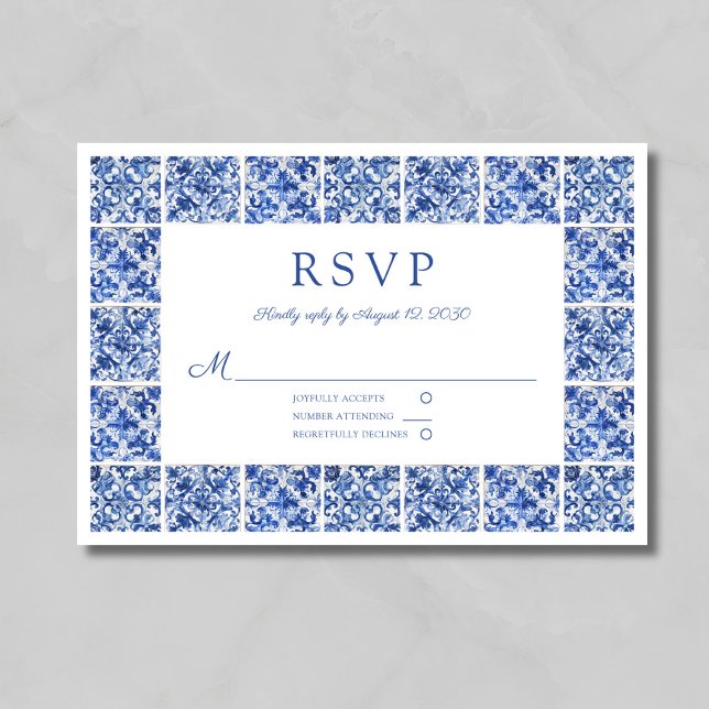 Cartão RSVP Casamento de Azulejos Azuis Elegante (Elegant Blue Tiles Wedding RSVP Card)