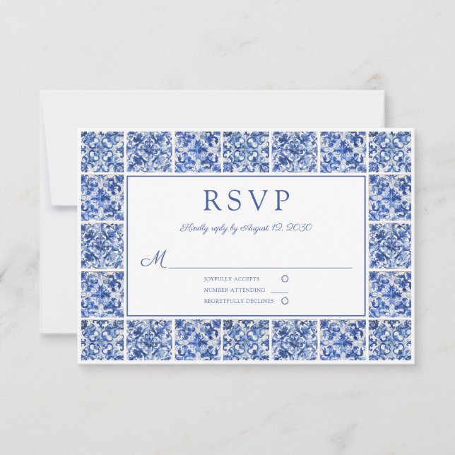 Cartão RSVP Casamento de Azulejos Azuis Elegante (Frente)