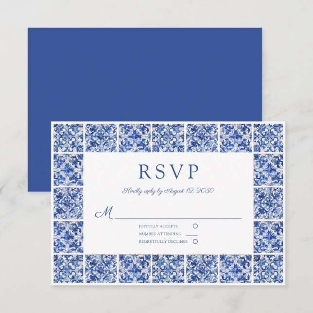 Cartão RSVP Casamento de Azulejos Azuis Elegante do Mediterrân (Frente/Verso)