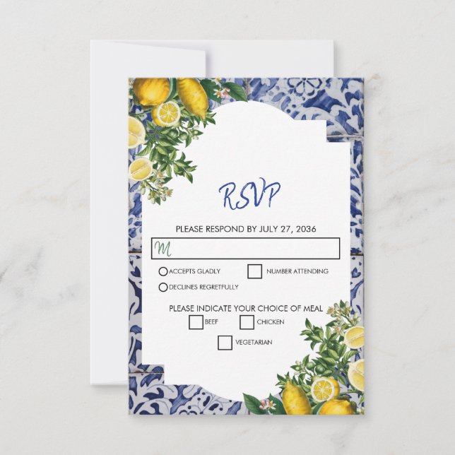Cartão RSVP Casamento de Azulejos portugueses com limões medit (Frente)