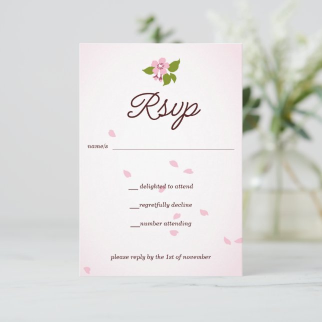 Cartão RSVP Casamento de Blossomas de Cereja Japoneses, com Sa (Em pé/Frente)