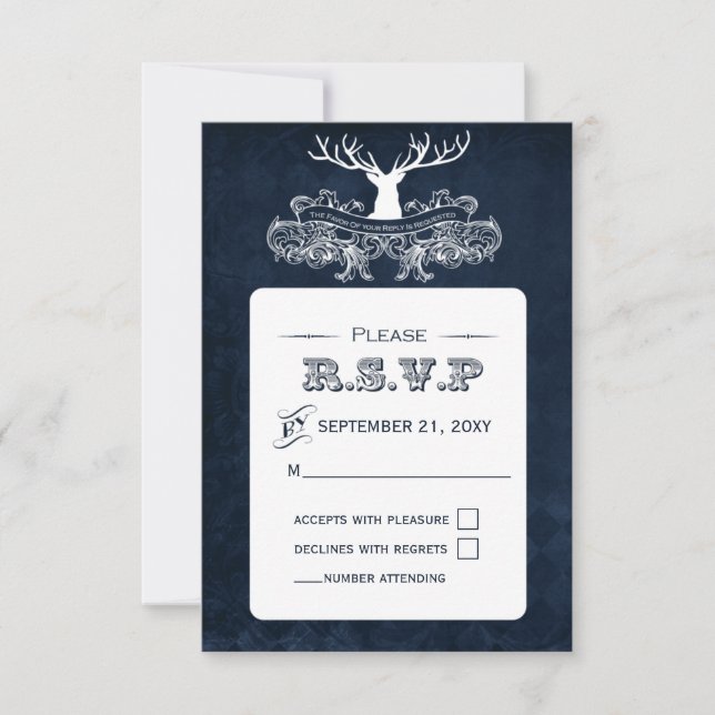 Cartão RSVP Casamento de Blue Rustic Antler Deer Winter Woodla (Frente)