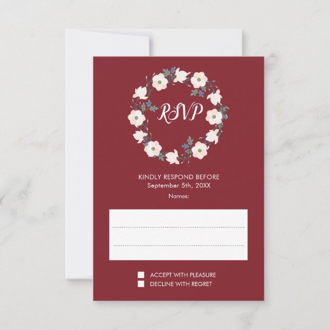 Cartão RSVP Casamento de Blush Floral Wreath Burgundy (Frente)