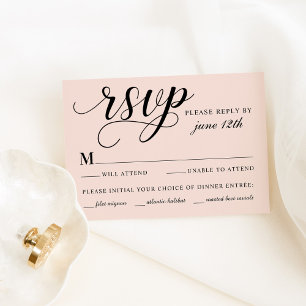 Cartão RSVP Casamento de Blush Moderno e Script Preto