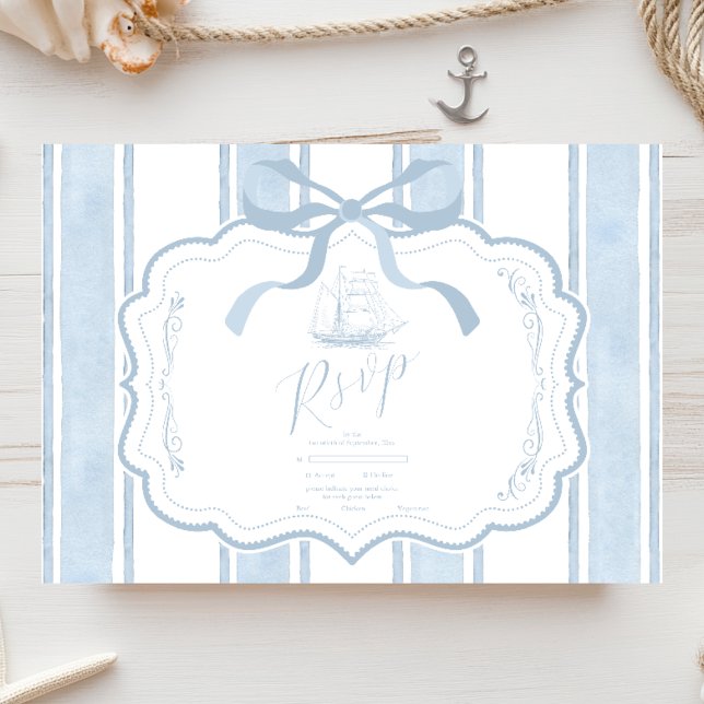 Cartão RSVP Casamento de Boat com Stripes Brancas Marinhos Náu (Criador carregado)