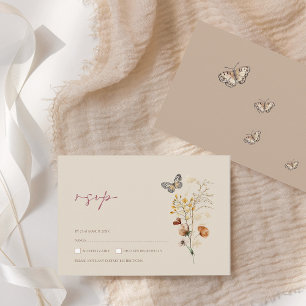Cartão RSVP Casamento de Boho Brown com flores e borboletas