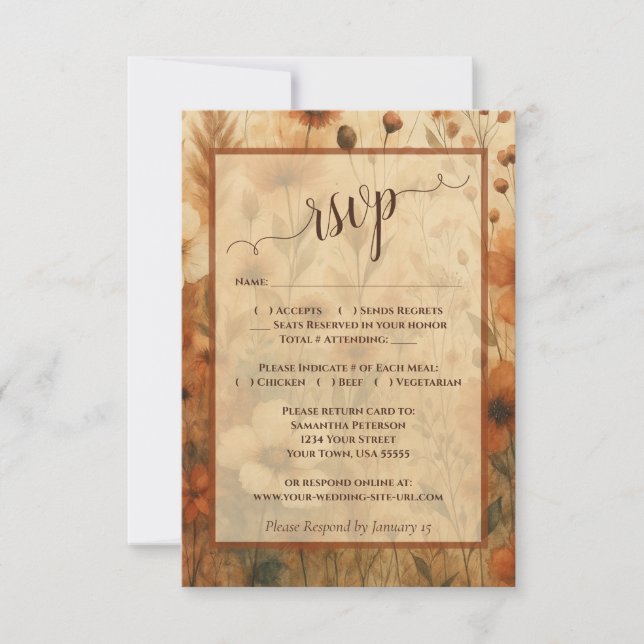 Cartão RSVP Casamento de Boho Chic com Flores Silvestres em Si (Frente)