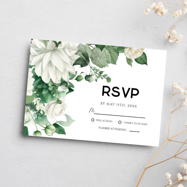 Cartão RSVP Casamento de Boho com Aquarela Floral Verde Emeral (Criador carregado)