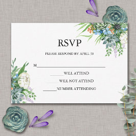 Cartão RSVP Casamento de Boho com Buquê Floral Suculente de Wa