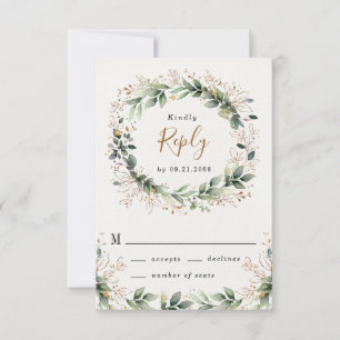Cartão RSVP Casamento de Boho Leaf Boho, Dourado Elegante Verd