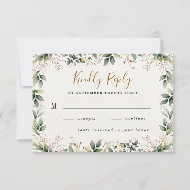 Cartão RSVP Casamento de Boho Leaf Boho, Dourado Elegante Verd (Frente)