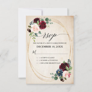 Cartão RSVP Casamento de Boho País Russo Floral Marinho Burgun