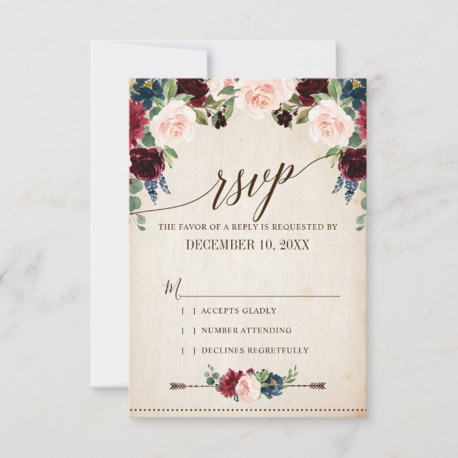 Cartão RSVP Casamento de Boho País Russo Floral Marinho Burgun (Frente)